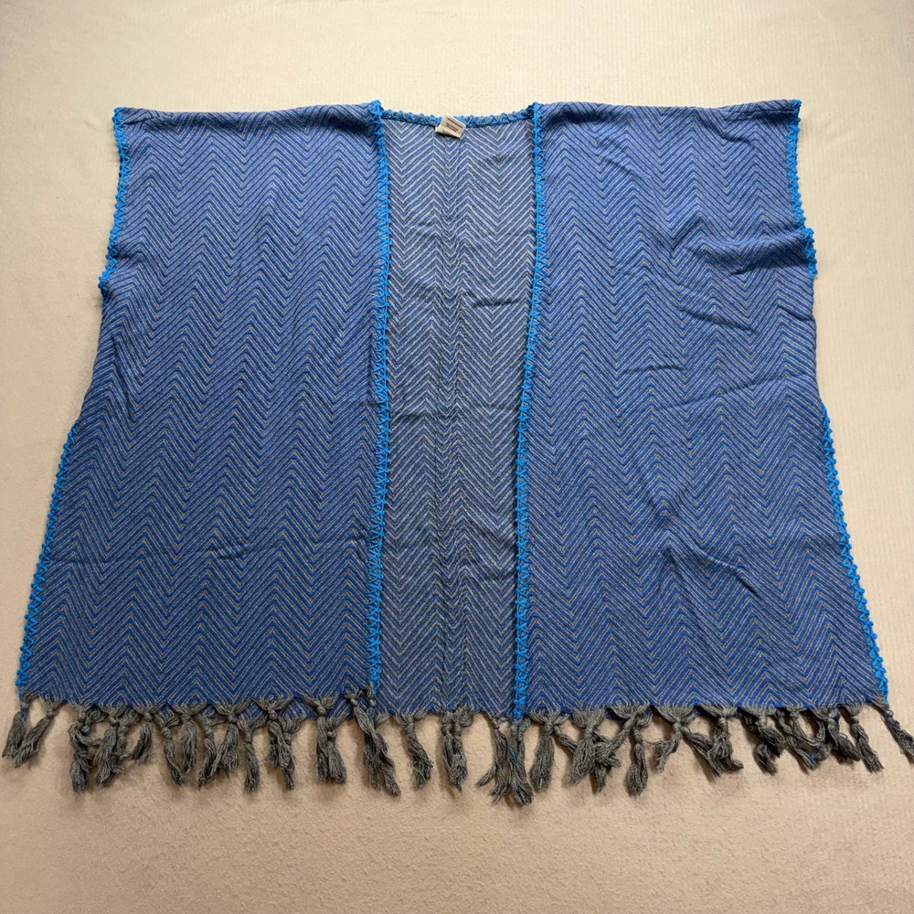 Unbranded Poncho Wrap Womens One Size Blue Chevron Tassel Cotton Linen Boho